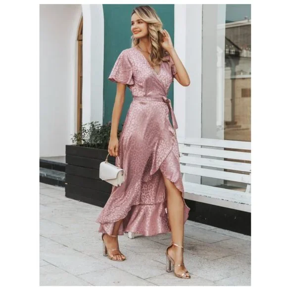 Simplee Dusty Pink Leopard Asymmetrical Ruffle Hem Wrap Belted Satin Dress Sz L - Picture 4 of 14